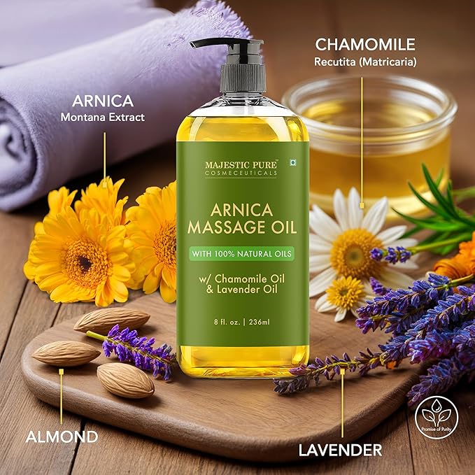 MAJESTIC PURE Arnica Massage Oil for Massage Therapy - Refreshing, and Relaxing - Natural Oils with Lavender & Chamomile Essential Oils - for All Skin Types - Men and Women - 8 fl oz - Bloomnest