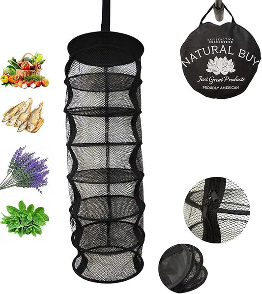 9 Inch 7 Level Micro Hanging Dry Net Indoor/Closet Drying Rack for Herbs, Organizer, Freshner - Black Mash Screen with Top-to-Bottom Zipper - Apartment Size with Zipped Storage Pouch - Bloomnest
