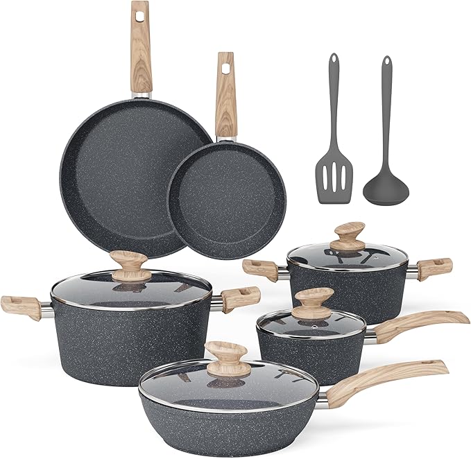 MAISON ARTS Pots and Pans Set Non Stick, 12 Piece Grey Granite Kitchen Cookware Induction Compatible, Pot and Pan Sets for Cooking Nonstick - Bloomnest
