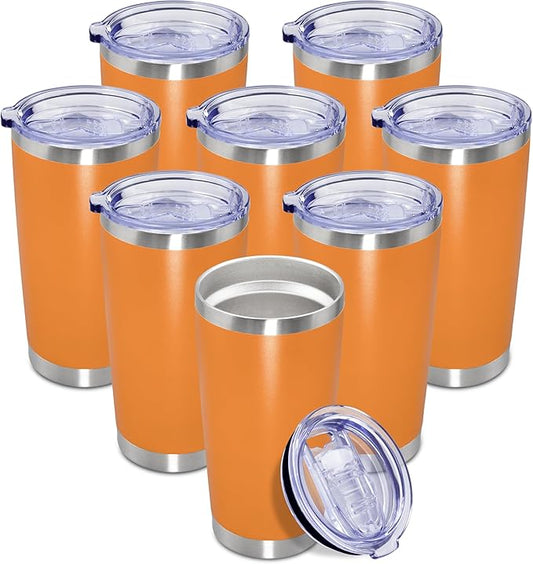 20 oz Tumbler Coffee Travel Tumblers Bulk with Lid Stainless Steel Double Wall Vacuum Insulated Mug Powder Coated Cups fit Car Cupholder for Hot and Cold - Orange, 8Pack