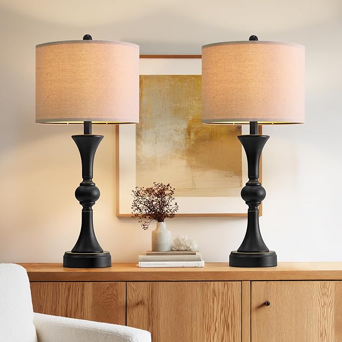 Table Lamps Set of 2, 28" Tall Bedside Table Lamp for Living Room, Bedroom, End Table Lamps with USB A+C Charging Ports, Modern Nightstand Lamps, Matte Black Finish, Farmhouse - Bloomnest