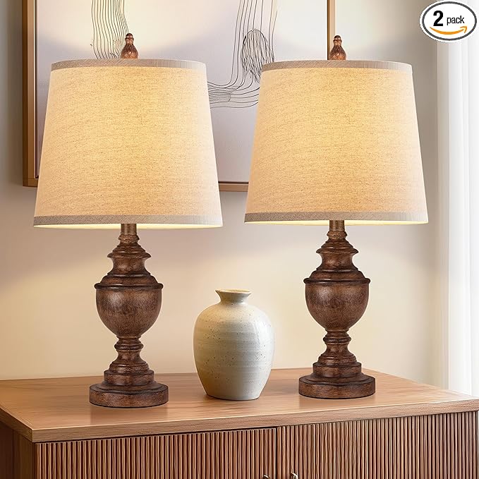 PARTPHONER Retro Table Lamps Set of 2, Bedside Lamp for Bedroom Rustic Farmhouse Table Lamps for Living Room, Vintage Nightstand Lamps with White Shades, Wood Grain - Bloomnest
