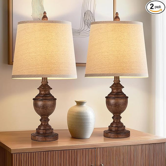 PARTPHONER Retro Table Lamps Set of 2, Bedside Lamp for Bedroom Rustic Farmhouse Table Lamps for Living Room, Vintage Nightstand Lamps with White Shades, Wood Grain - Bloomnest