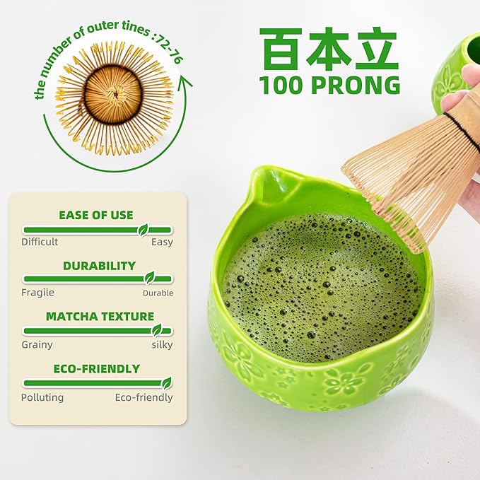 TEANAGOO 7-PCS Green Matcha Whisk Set with Cherry Blossom Design, Complete Ceremony Kit, Ceramic Chawan Bowl with Spout, Whisk & Accessories, Traditional Matcha Tea Set for Lattes& Gift Giving - Bloomnest
