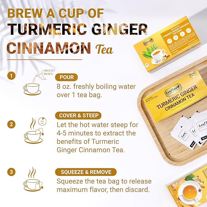 LeafLea Turmeric Tea with Ginger and Cinnamon, 80 Premium Turmeric Ginger Tea Bags, Supports Immune Health & Digestion, 100% Natural & Pure Blend Herbal Tea, Caffeine-Free, No Sugar, Vegan - Bloomnest
