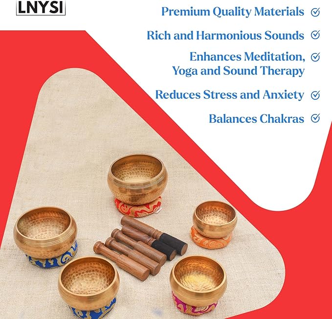 Tibetan Singing Bowl Set - Authentic Cuencos Tibetanos for Sound Healing, Meditation & Chakra Balancing - Includes Cushion, Mallet-Unique Spiritual Gifts for Women and Men (5 Chakra Set) - Bloomnest