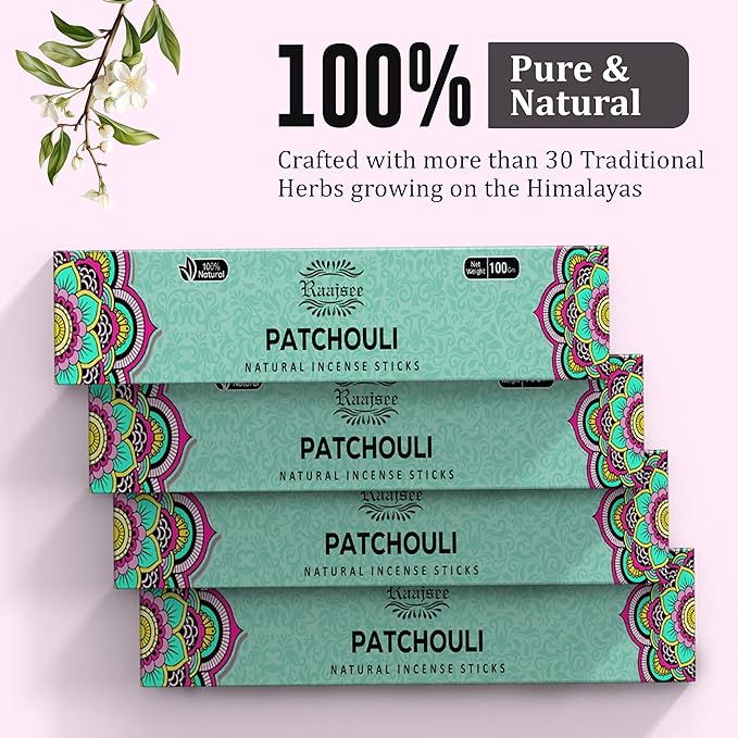 Raajsee Patchouli Incense Sticks (180 gm), 100% Pure Organic Natural Hand Rolled Free from Chemicals - Patchouli Incense Perfect for Aromatherapy, Cleansing, Meditation, and Church(Pack of 12) - Bloomnest