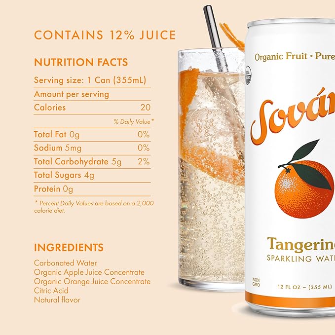 Sovány Flavored Sparkling Water, Variety Pack, Seltzer Water Drinks, USDA Organic, Made With Real Fruit, Non-GMO, Vegan, No Added Sugar, Low Calorie, Tangerine, Raspberry & Green Apple, 12 fl oz, 12 Pack - Bloomnest