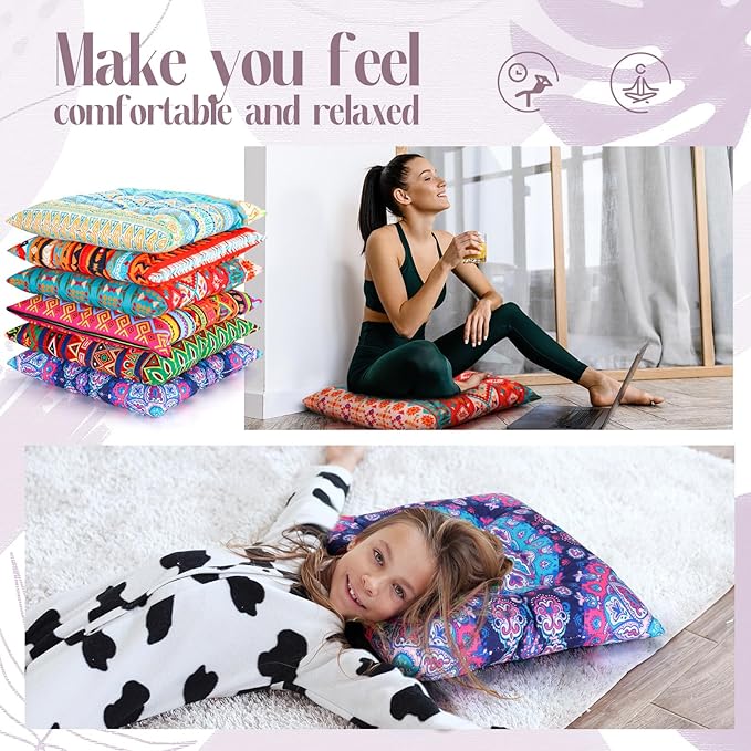 Menkxi 6 Pcs Bohemian Floor Pillows Seating 15 Inch Boho Floor Cushions Sitting Pillows Square Yoga Mandala Meditation Pouf for Living Room Balcony Office Tatami(Stylish) - Bloomnest