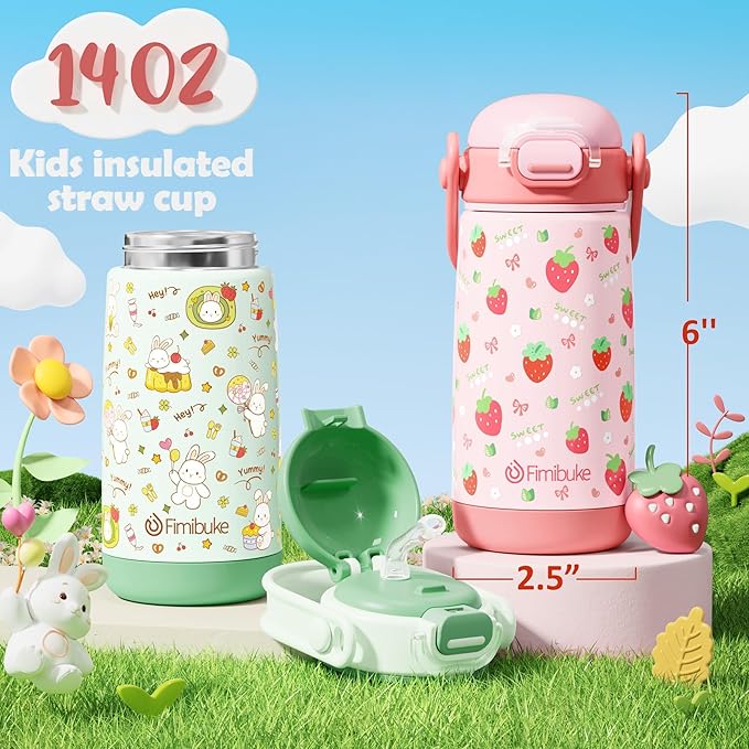 Fimibuke Kids Insulated Water Bottle with Straw Lid & Handle - 14oz BPA FREE 18/8 Stainless Steel Metal Tumbler Leak Proof Double Wall Vacuum Kids Cup Toddler Water Bottle for School Boys Girls - Bloomnest