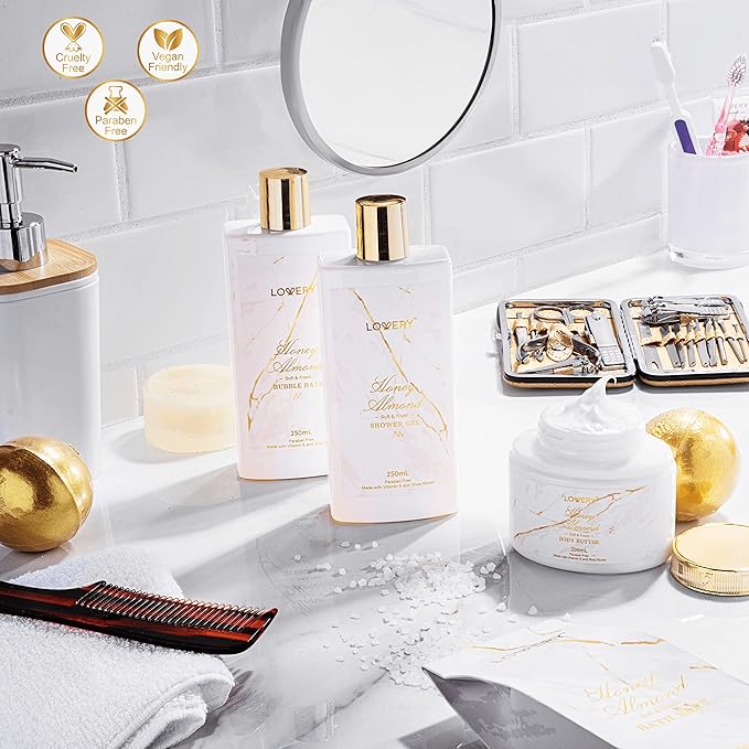 Gifts for Mom, Gift Basket, Spa Gifts For Women, 31Pc Self Care Kit, Stress Relief Gift, Birthday, Thank You, Honey Almond Bath and Body Gift - Toiletry Bag, Nail Kit, Bath Bombs & More