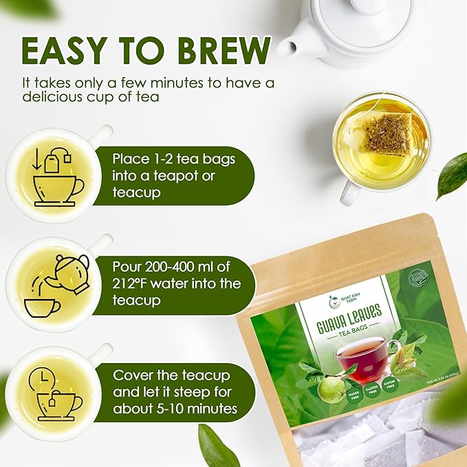 Nhat Anh Farm - Guava Leaf Tea Bags, 100 Teabags - Guava Dried Leaf Tea Bags 100% Natural And Pure , No Chemicals - Additives- Caffeine Free. Herbal Tea for Digestion, Good For Your Health. (Té De Hojas De Guayaba) - Bloomnest