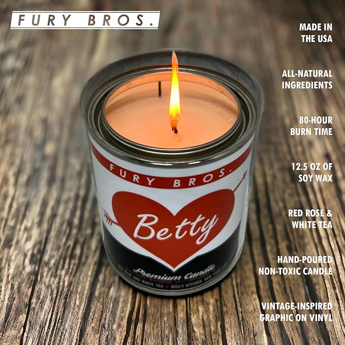 Fury Bros. Scented Candles for Men | Betty | Red Rose & White Tea | Natural Soy Wax | Hand-Poured in The USA | Long 70-80 Hour Burn (12.5 oz) | Vintage-Inspired Tin Design | Dad Home Gift - Bloomnest