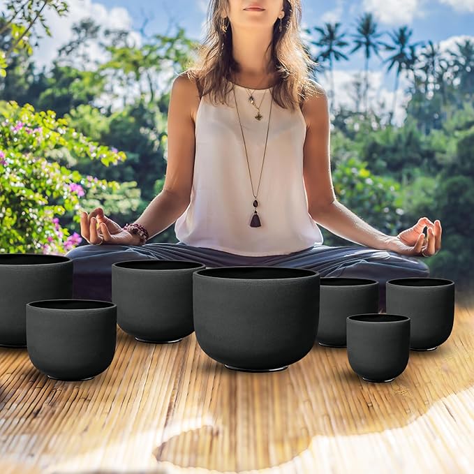 Ryan Dvan 7-12 Inch Black 7 Crystal Singing Bowl Set Frosted Quartz Crystal Sound Therapy Kit with Mallets 2 Cases O-Ring for Yoga Meditation Energy Balancing Reiki Healing - Bloomnest