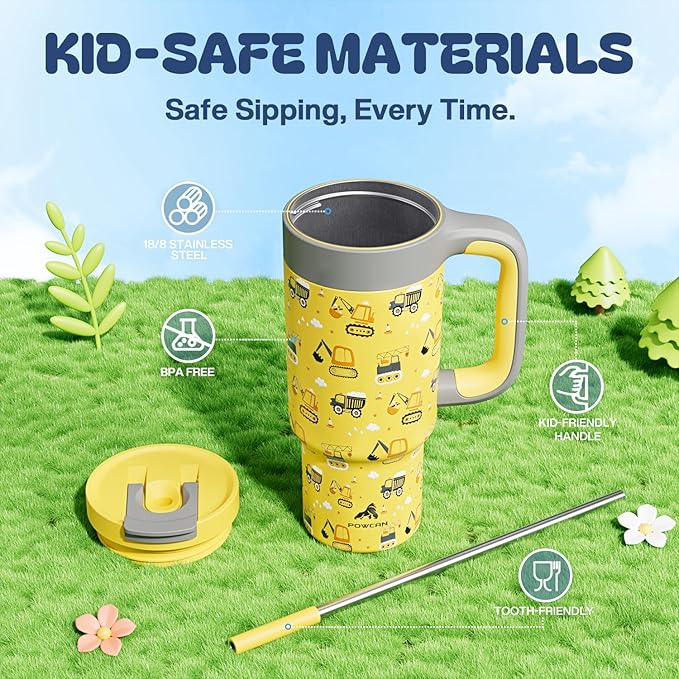 24 oz Stainless Steel Cup with Handle for Preschooler: BPA-Free, Lid with Straw, Easy to Clean, Car Cupholder Friendly, Insulated Tumbler for Playtime, Sports, Summer Camp, Vacation, Gift (Dig It Up) - Bloomnest