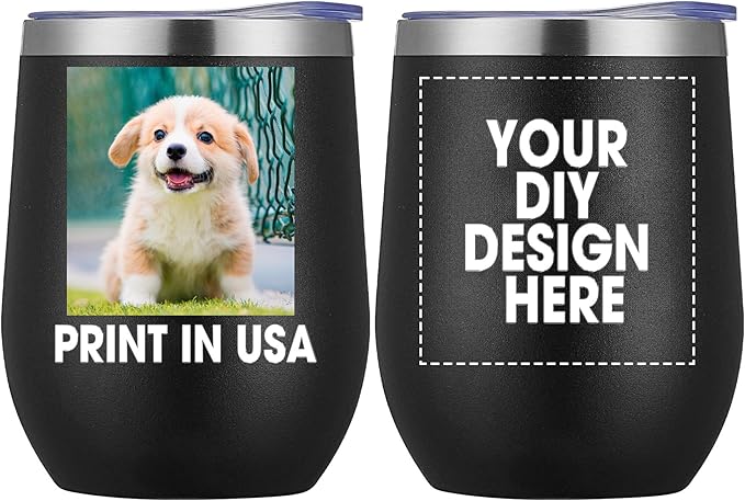 Personalized Custom Wine Tumbler Print in USA 12oz Stainless Steel Travel Coffee Cup with Lid & Straw Double Wall Insulated Mug with Colorful Text Logo Photo - Bloomnest