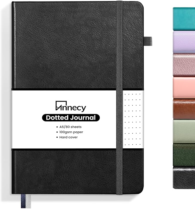 Annecy Numbered Bullet Dotted Journal Notebook, Medium 5.5x 8.25, 160 Pages 100GSM Writing Paper, A5 Black Faux Leather Cover with Pen Loop - Bloomnest