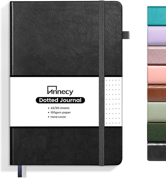 Annecy Numbered Bullet Dotted Journal Notebook, Medium 5.5x 8.25, 160 Pages 100GSM Writing Paper, A5 Black Faux Leather Cover with Pen Loop - Bloomnest
