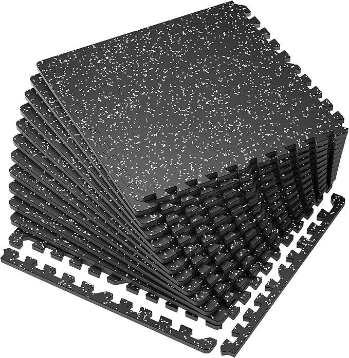 SUPERJARE 0.56'' Thick 12 Pcs 48 Sq Ft Rubber Top Exercise Equipment Mats, High Density EVA Foam Mats with Rubber Top, Interlocking Gym Flooring for Home Gym, Protective Workout Mat, Black/Grey - Bloomnest