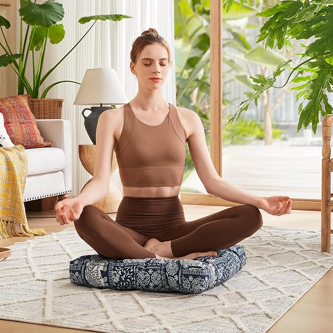 Meditation Floor Pillow, Square Pillows Seating for Adults and Kids, Boho Cushion for Yoga Living Room Tatami Sitting, Memory Foam Added, 22x22 Inch, Indigo Elephant - Bloomnest