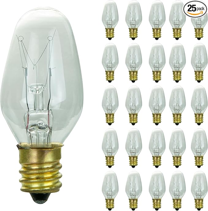 Sunlite 01280 7C7 Incandescent Bulb, 7 Watt, Candelabra E12 Base, C7 Small Night Light, Colored Bulb, Clear, 25 Count - Bloomnest