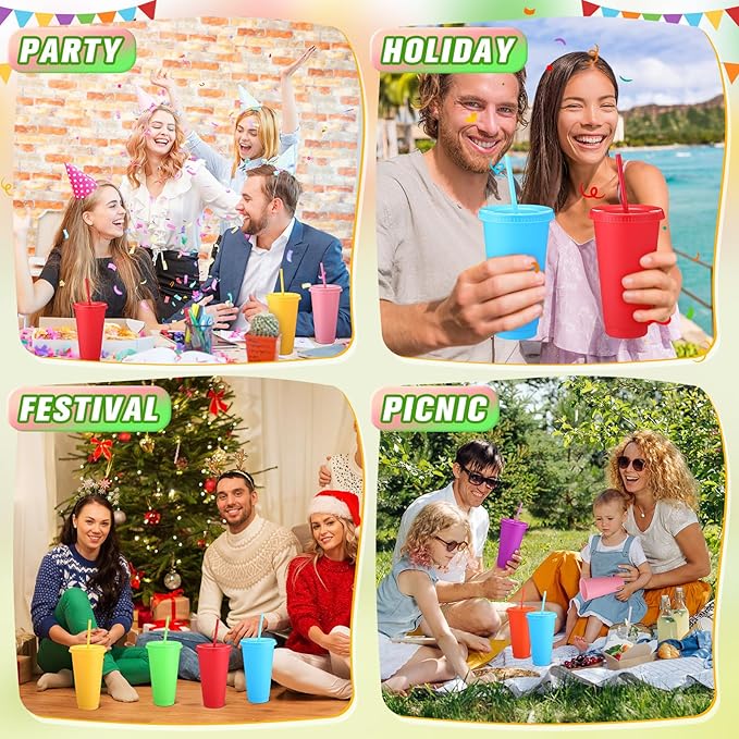 Honeydak 30 Pack Tumbler with Straw and Lid Bulk Water Bottle Iced Coffee Travel Mug Cup Reusable Plastic Cups for Party Birthdays 24-27 oz (Bright Color) - Bloomnest