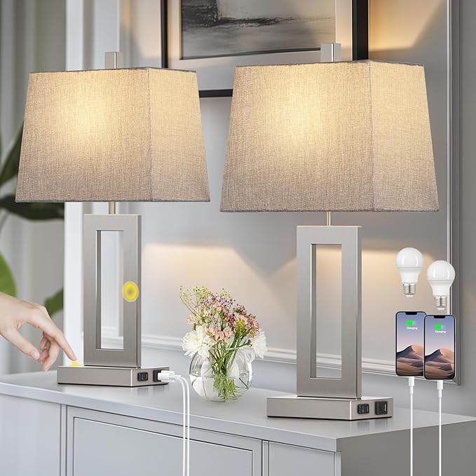 Touch Control Table Lamp Set of 2, Modern Silver Bedside Lamps with USB C+A Ports & AC Outlet, 3 Way Dimmable Bedroom Lamps for Night Stands Bedroom Living Room,Nightstand Lamp - Bloomnest