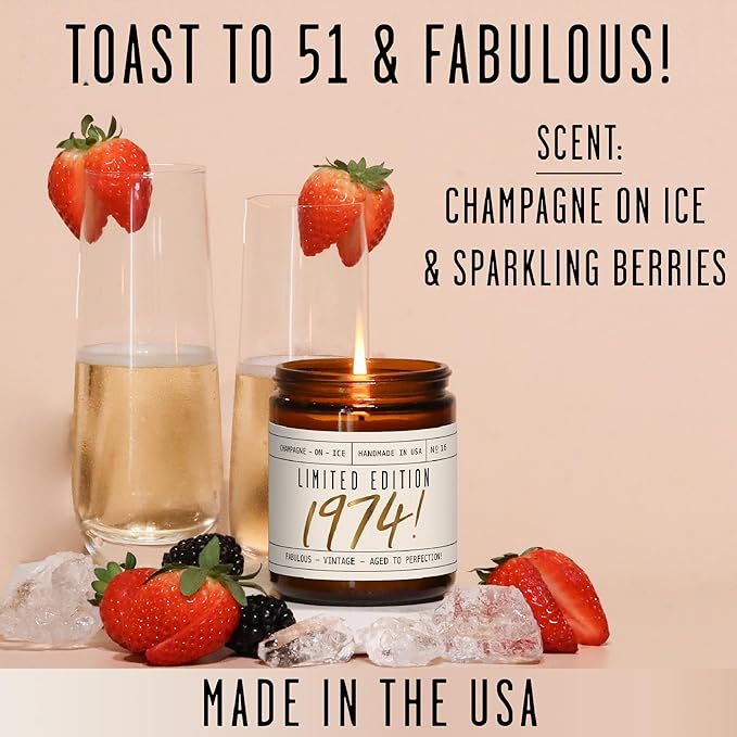 51st Birthday Gifts for Women - 'Limited Edition 1974' Soy Candle, w/Champagne on Ice I 51 Birthday Gifts for Women I 51st Gift for Her Ideas I 9oz Reusable Jar, 50Hr Burn, Made in USA - Bloomnest