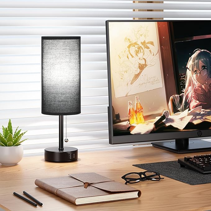 Black Bedside Lamp for Bedroom Nightstand - Small Table Lamp with USB A + C Charging Port, 3 Color Temperatures Pull Chain Night Stand Light with Bulb， Side Table Desk Reading Lamp for Living Room - Bloomnest