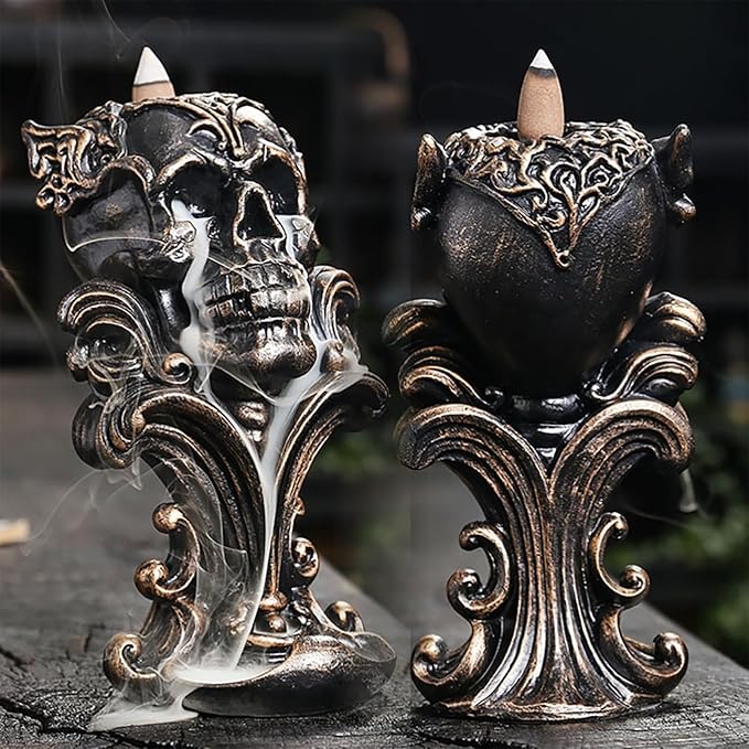 Comeon Backflow Incense Holder Burner Resin Skull Incense Burner Waterfall Incense Burner Home Decor + 20 Backflow Incense Cones + 30 Incense Sticks +1 Tweezer +1 Mat（Metallic Gold） - Bloomnest