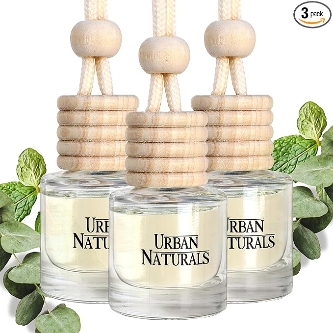 Urban Naturals Car Air Freshener Diffuser 3 Pack - Eucalyptus Spearmint Scent, 45+ Days Long Lasting Fragrance, Made in USA, Glass & Wood, Hanging Design + Vent Cip, Easy to Use - Bloomnest