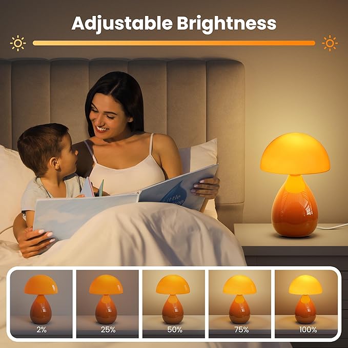 Mushroom Lamp Table Lamp, Mini Modern Lamp Bedside Nightstand Light Desk Cute Small Light Dimmable for Bedroom, Living Room, Ceramic Base Glass Led Home Decor for Woman Children Gifts - Bloomnest