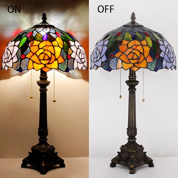 Tiffany Lamp Orange Rose Flower Style Stained Glass Table Lamp Desk Reading Light 12X12X21 Inches with Resin Base Decor Bedroom Living Room - Bloomnest