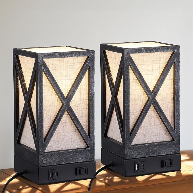 Table Lamp, Set of 2 Rustic Farmhouse Nightstand Lamps, 3 Color Temperatures Desk Lamp with USB Charging Ports AC Outlet Vintage Lamp for Living Room Bed Room, Pewter - Bloomnest