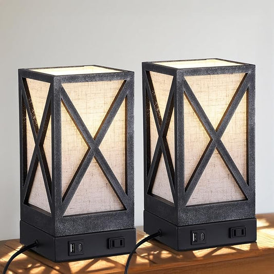Table Lamp, Set of 2 Rustic Farmhouse Nightstand Lamps, 3 Color Temperatures Desk Lamp with USB Charging Ports AC Outlet Vintage Lamp for Living Room Bed Room, Pewter - Bloomnest