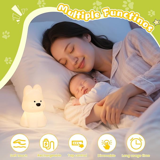 Night Light for Kids, Rechargeable Dimmable Silicone LED Nightlight with 7 Colors, Baby Nursery Night Lamp, Touch Squishy Lamp, Cute Gifts for Girls, Boys, Toddler Room Decor, Dog - Bloomnest