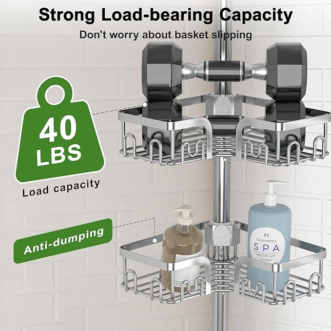 Corner Shower Caddy Tension Pole 4 Tier Adjustable Stainless Steel Shower Shelf for Inside Shower Bathtub Shampoo,Standing Bathroom Organizer Shelves with 39 to 113 inch Height - Bloomnest