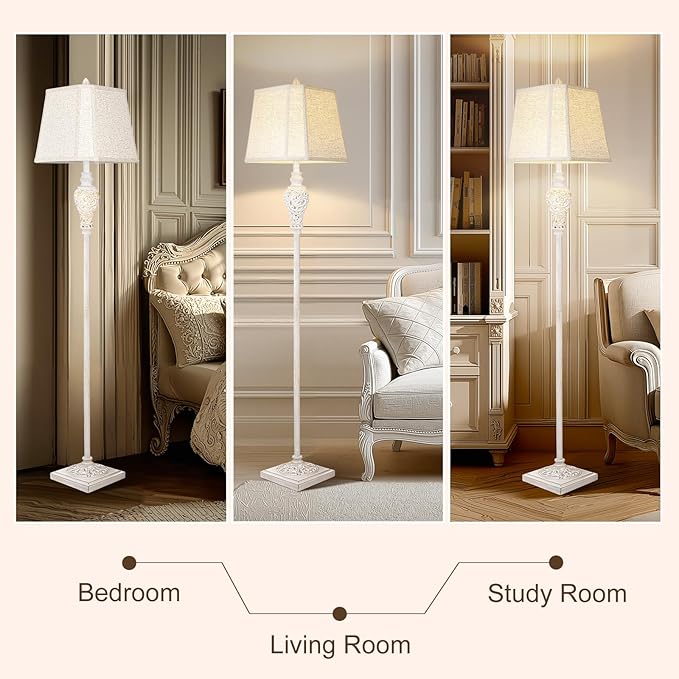Floor Lamp for Living Room, Vintage Standing Lamp with Nightlight, 65" Tall Lamp with White Linen Shade, Farmhouse Rustic Floor Lamp for Bedroom, Office, Corner (LED Bulb Included) - Bloomnest