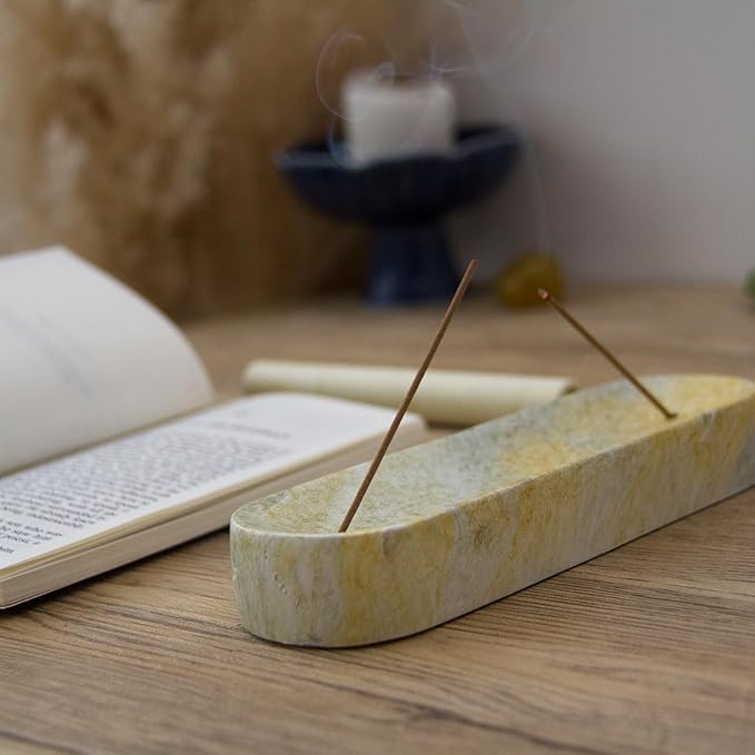 Marble-Patterned Concrete Incense Holder, with A Box of Jasmine Incense, 7.1 Inch Catches Falling Incense Ash, A Poetic and Artistic Gift for Yoga＆Meditation(GreenYellow) - Bloomnest