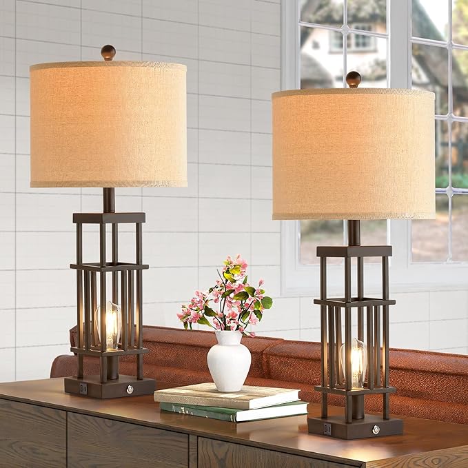 29.5" Table Lamps for Living Room Set of 2, Farmhouse Table Lamps with USB C+A Ports, Touch Control Bedside Lamps with Oil Rubbed Bronze Finish, Bulbs Included - Bloomnest