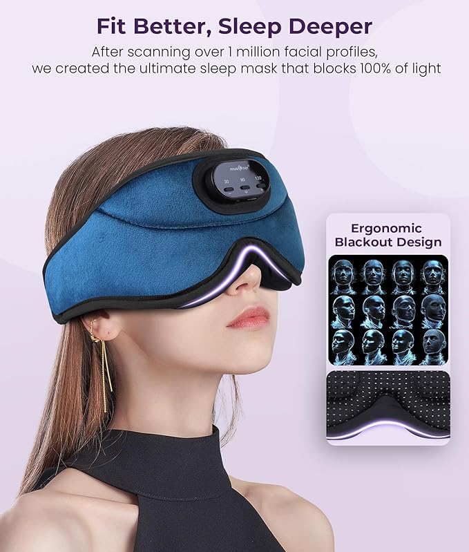MUSICOZY 3D Bluetooth Sleep Mask with Headphones and Timer, Wireless Sleep Headphones for Side Sleepers, Eye Mask with Bluetooth Headphone, Blue