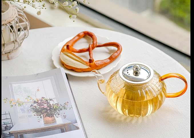 Glass Teapot 33.8oz/1000ml, Glass Tea Kettle with Removable Infuser, Pumpkin Shape Hand Blown Teapot for Blooming Flower Tea and Loose Leaf, Tea Lover's Choice - Bloomnest