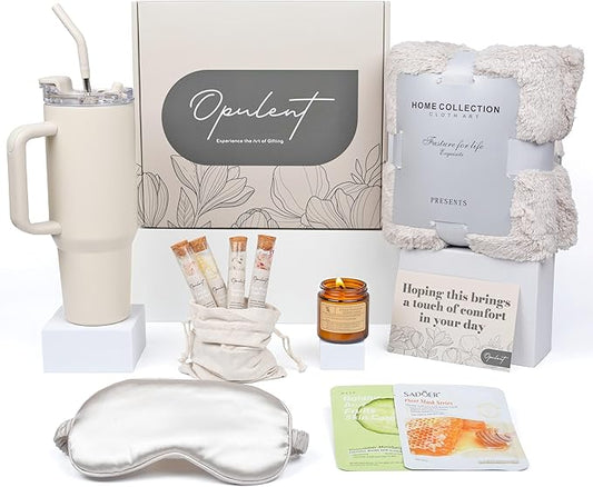 Opulent Luxury Self Care Gift Box for Women, Cozy Blanket, 40 oz Tumbler with Handle and Straw, Candle, Bath Salts, Spa Care Package, Sea Salt