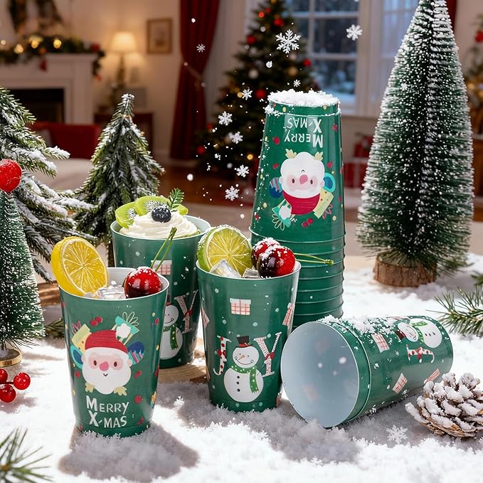 I00000 50Pcs 12oz Snowman Pattern Design Christmas Plastic Cups, Premium Disposable Cups, Green Xmas Party Cup with Santa Claus Pattern Design, Perfect for Christmas Party - Bloomnest