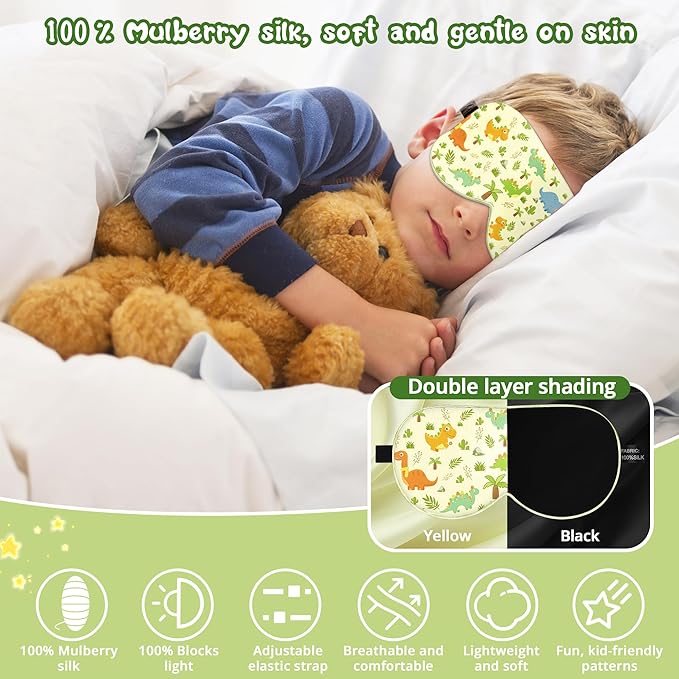 Kids Sleep Mask Eye Cover: 100% Real Natural Pure Silk Eye Mask with Adjustable Strap, Funny Blindfold Kids Eye Mask for Sleeping, Soft & Lightweight Eye Shade for Boys Girls Teens (Dinosaur Style) - Bloomnest