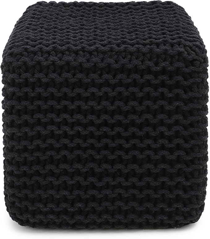REDEARTH Cube Pouf Foot Stool Ottoman - Hand Knitted Poof - Cord Boho Pouffe - Home Décor - Stuffed Footrest for Living Room - Bedroom - Covered Patio (16" x 16" x 16") - Black - Bloomnest