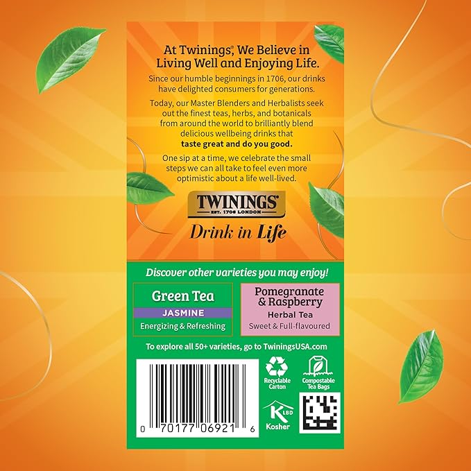 Twinings Green Tea with Pomegranate, Raspberry, & Strawberry Individually Wrapped Bags, 20 Count (Pack of 6), Caffeinated, Enjoy Hot or Iced, 120 Teabags - Bloomnest