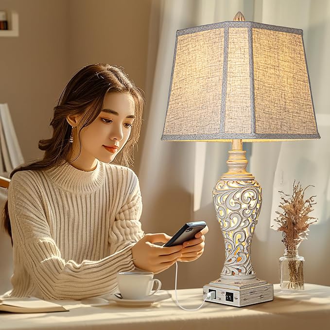 28.5" Table Lamps Set of 2 - Bedside Lamp with Fabric Shades - for Bedroom and Living Room with USB and Nightlight - Perfect for Nightstands and Bedrooms - Bloomnest