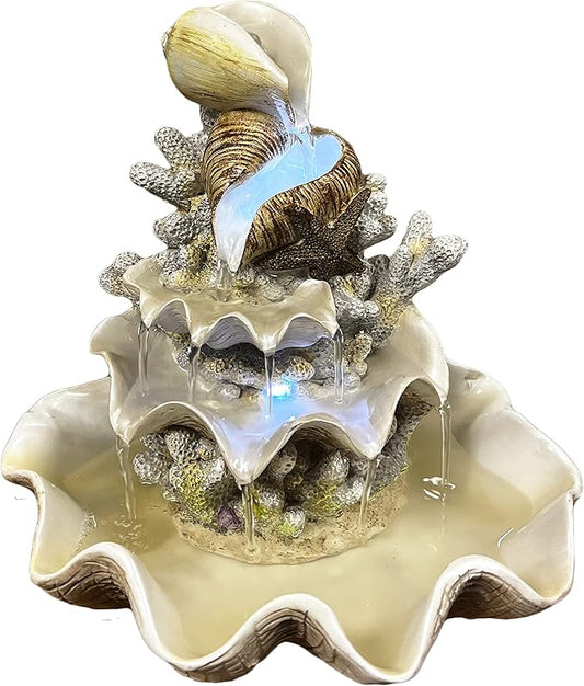 10.5" H Coral Reef Shell Fountain Indoor Fountain with LED Lights and Adjustable Motor Pump (Power Cord Attached) (Resin) - Bloomnest