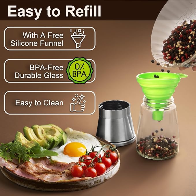 Stainless Steel Salt and Pepper Grinder Set of 2 - Pepper Mill & Salt Mill with Adjustable Coarseness - Glass Spice Shakers - Easy Clean Ceramic Grinders W/Funnel (2.6"W x 5.3"H) - Bloomnest